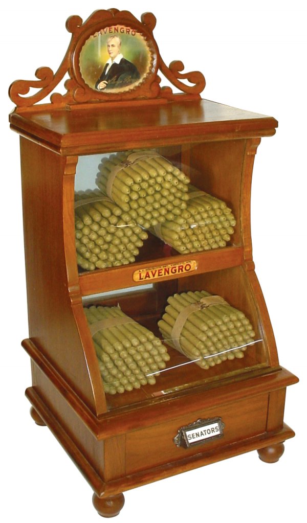Cigar counter display case w/marquee for "George B: Cigar counter display case w/marquee for "George Borrow Lavengro", A.C. Doberstein Dist.-Marinette, WI, walnut w/double-curved glass front, complete w/5 new old stock 50 pc. bundles of cigars, c.1910,