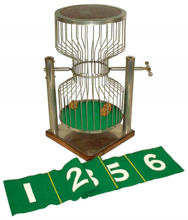 Gambling, Chuck-A-Luck cage w/layout, large metal: Gambling, Chuck-A-Luck cage w/layout, large metal cage mounted on square wood base, VG orig cond, 19"H x 9.5"Sq.