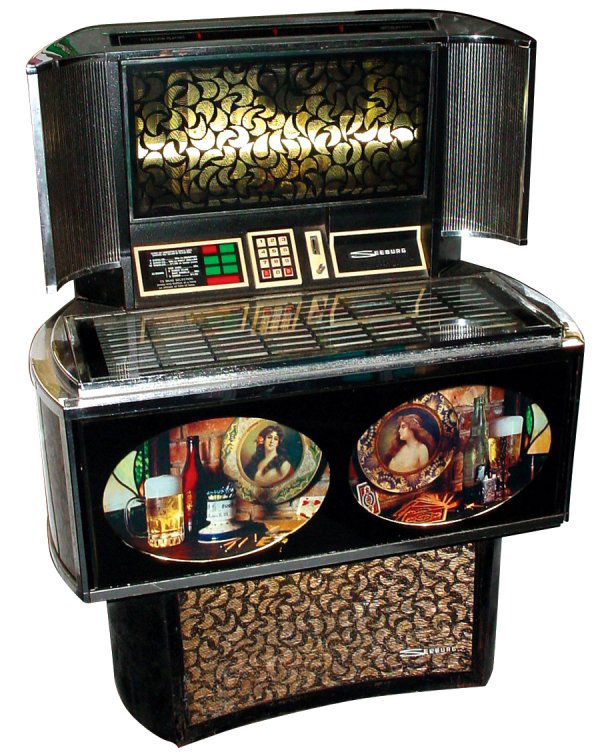 Coin operated juke box, Seeburg SP32, 45 RPM, 160: Coin operated jukebox, Seeburg SP32, 45 RPM, 160 selection, c.1973, Exc working cond, 54"H x 41"W.