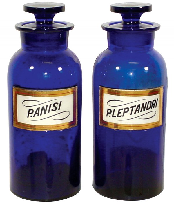 Drug store apothecary bottles (2), both round cob: Drug store apothecary bottles (2), both round cobalt blue recessed label under glass bottles, W.T. & Co. embossed on bottoms, both in Exc cond & 10"H.