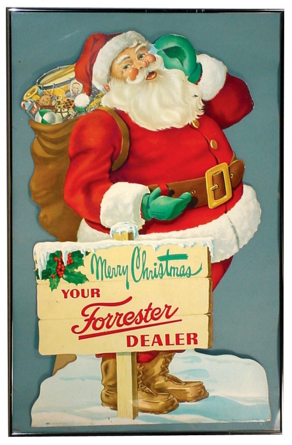 Christmas Ice Cream advertising sign w/Santa, "Me: Christmas Ice Cream advertising sign w/Santa, "Merry Christmas-your Forrester's Dairy", Webster City, IA, colorful litho on diecut cdbd w/easelback, VG cond, framed under glass, 30"H x 18.5"W.