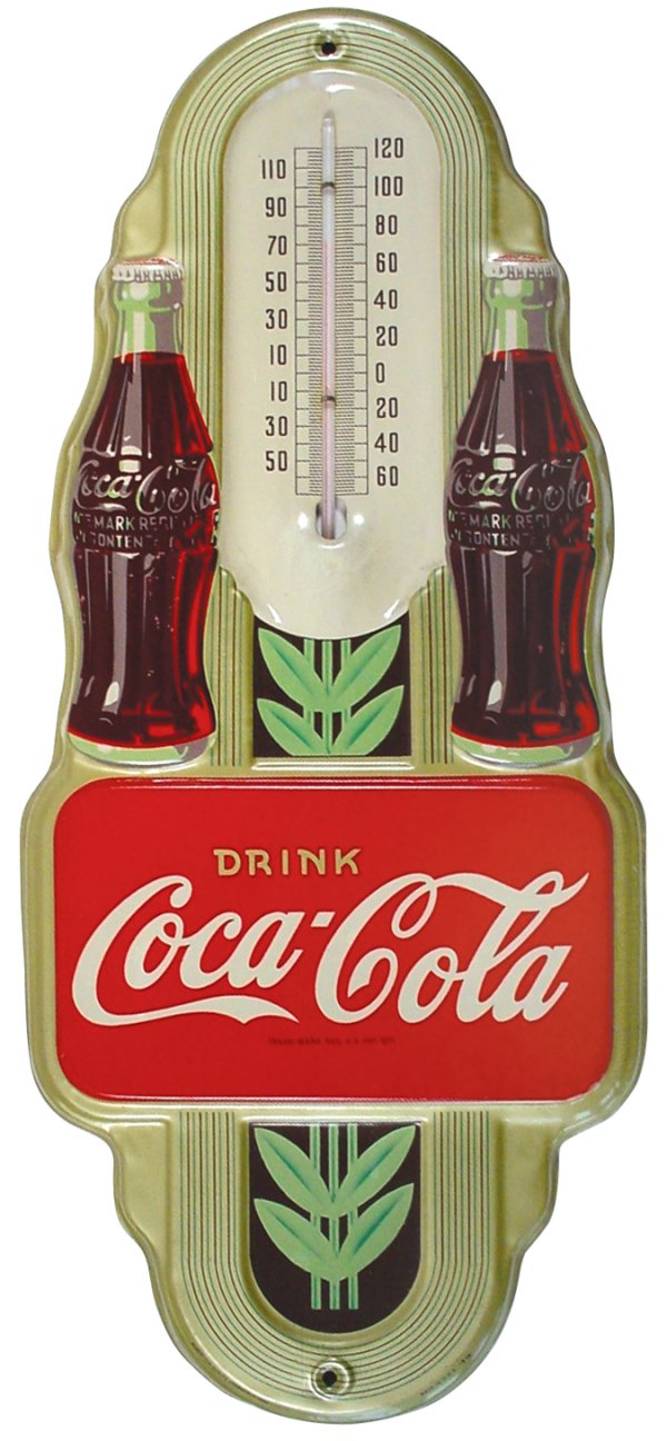 Coca-Cola thermometer w/2 6 oz bottles of Coca-Co: Coca-Cola thermometer w/2 6 oz bottles of Coca-Cola, litho on embossed tin, dated 1942, Exc+ cond, 16"H x 7"W.
