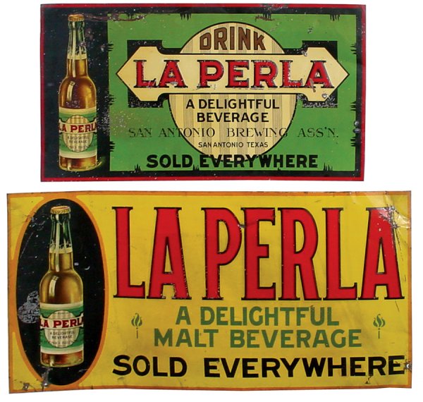 La Perla Beer signs (2), colorful litho on emboss: La Perla Beer signs (2), colorful litho on embossed tin w/bottle graphics, mfgd by San Antonio Brewing Co., Good cond w/some flaking paint, 13"H x 27"W & 12"H x 24"W.