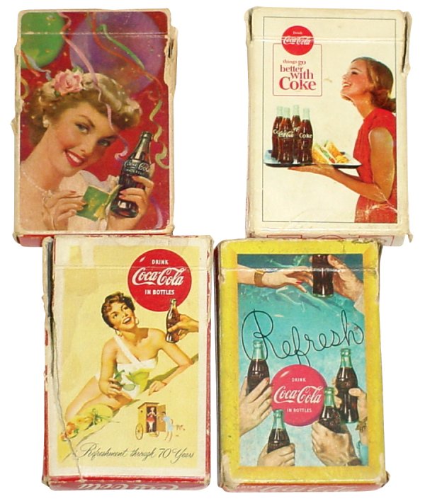 Coca-Cola playing cards, 4 decks, 1951, 1956, 195: Coca-Cola playing cards, 4 decks, 1951, 1956, 1958 & 1963, 1963 deck has no joker, otherwise all complete in orig boxes in Good to VG cond.