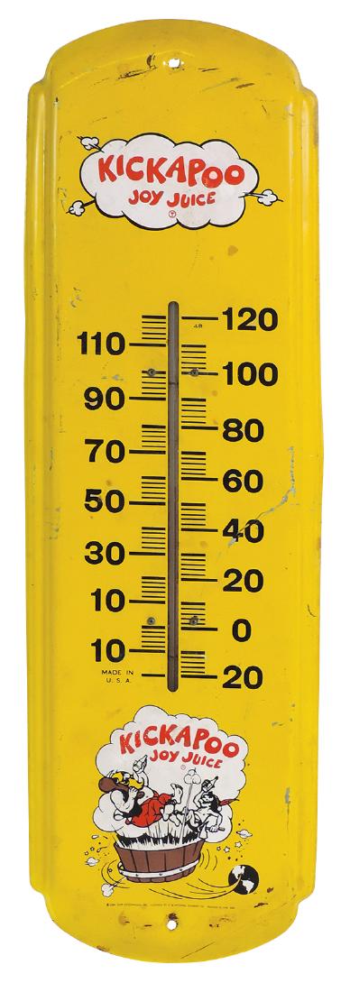 Soda fountain Kickapoo Joy Juice thermometer, Capp: Soda fountain Kickapoo Joy Juice thermometer, Capp Enterprises, dated 1966, Good+/VG working cond w/some surface wear, 27"H x 8.5"W.
