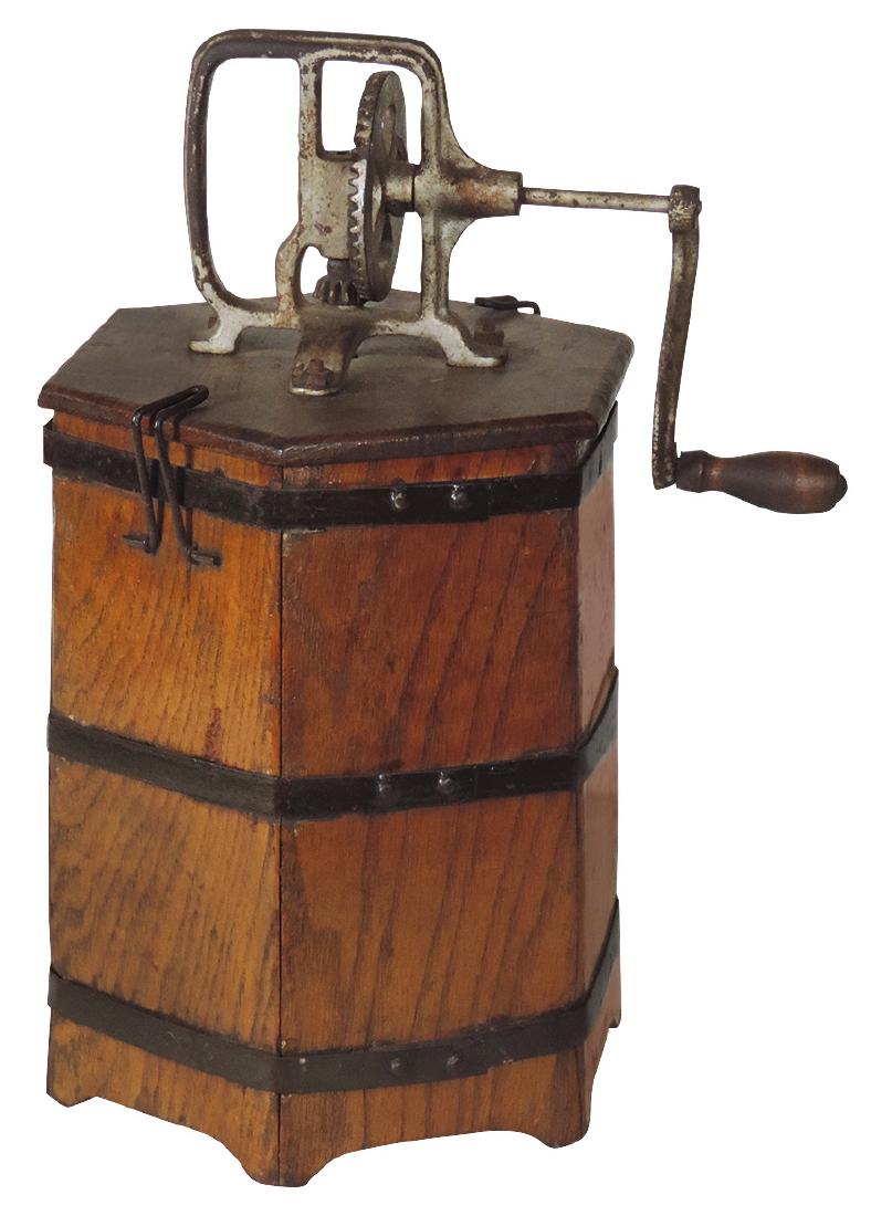 Kitchenware tabletop butter churn, 6sided oak w/metal