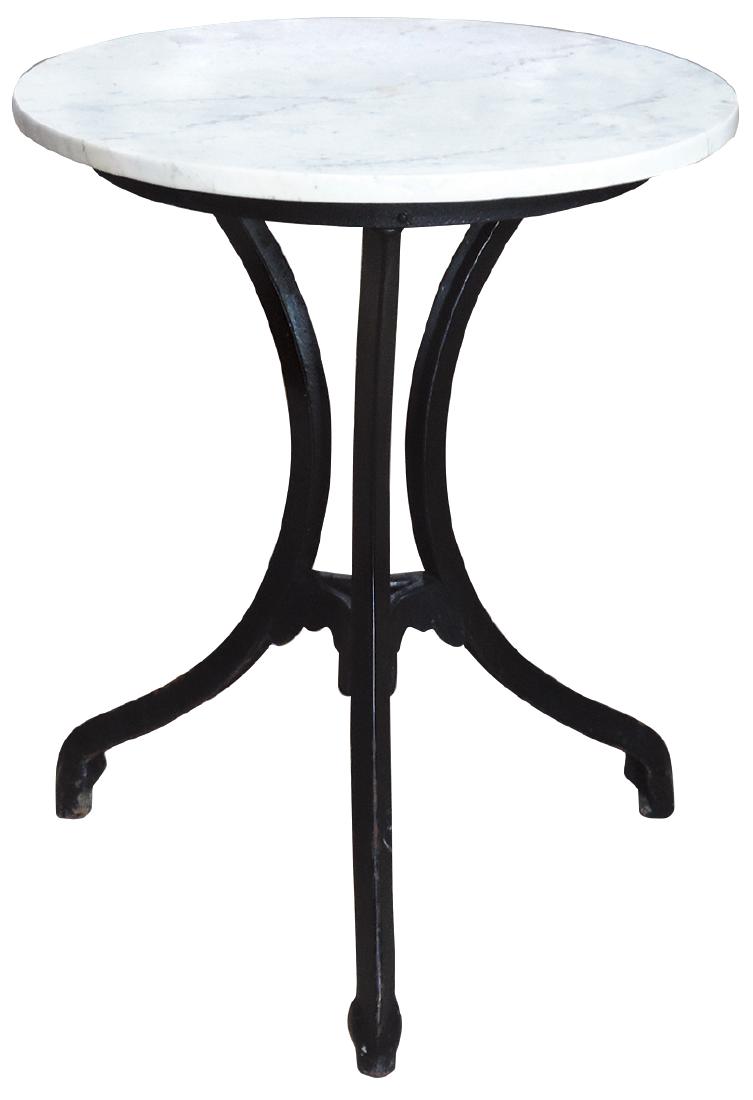Soda fountain ice cream table, 3-legged cast iron base: Soda fountain ice cream table, 3-legged cast iron base w/white marble top, c.1900, 7" tight hairline crack in top, o/wise Exc cond, 30"H x 24"Dia.
