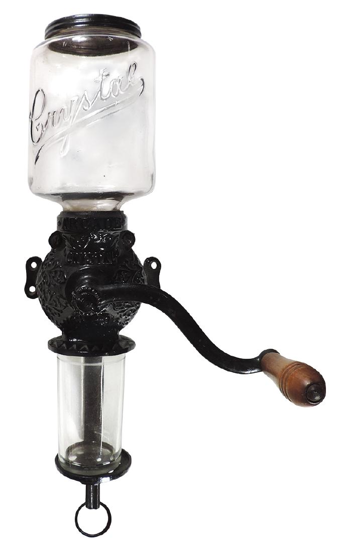 Kitchenware coffee grinder, Arcade Crystal,: Kitchenware coffee grinder, Arcade Crystal, wall-mounted, painted cast iron w/embossed glass catch glass & embossed Arcade lid, Exc cond, 19"L.