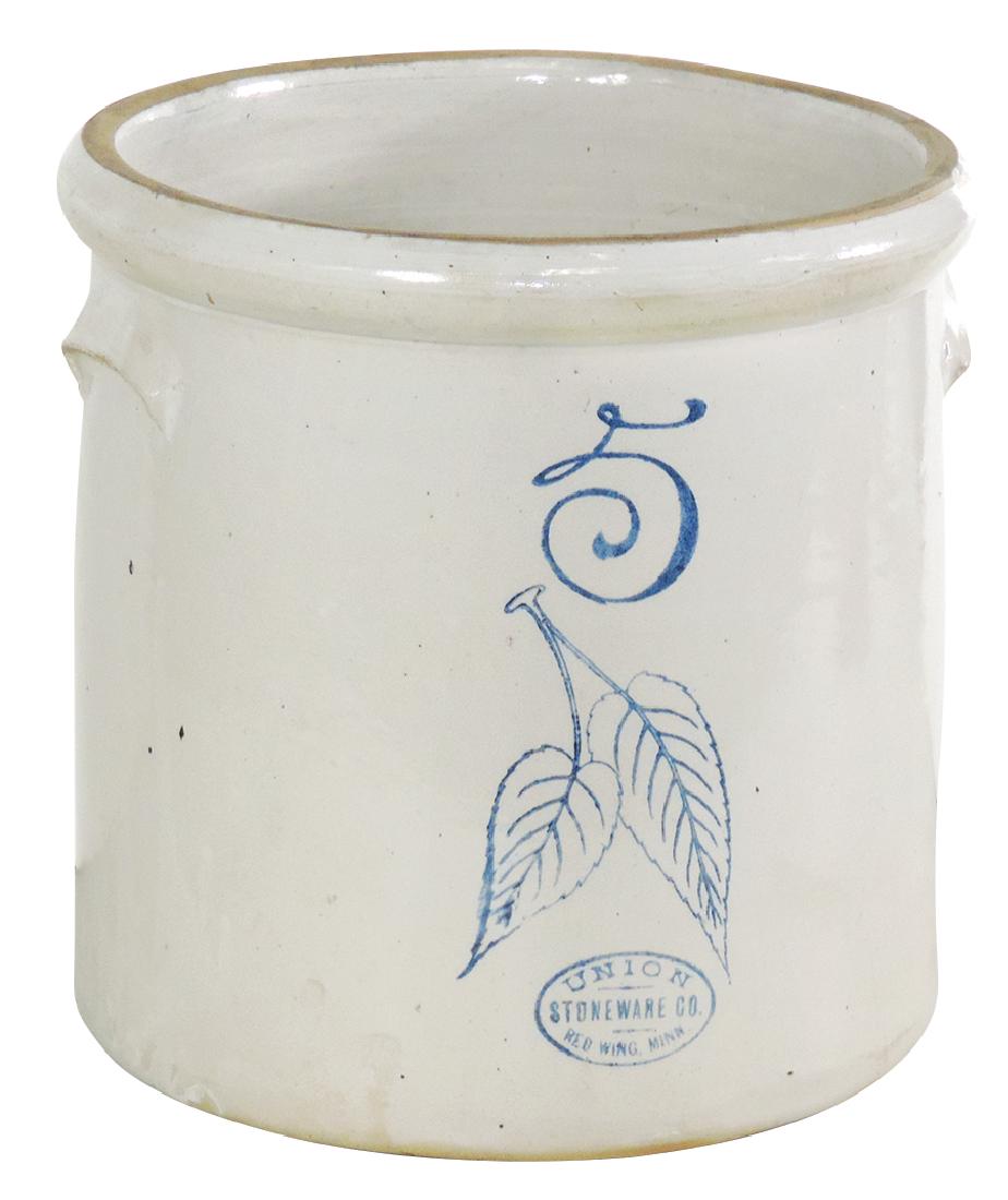 Stoneware crock, Red Wing 5 gal "Birchleaf" w/Union: Stoneware crock, Red Wing 5 gal "Birchleaf" w/Union oval & tab handles, Exc cond w/no chips or cracks, 13"H.