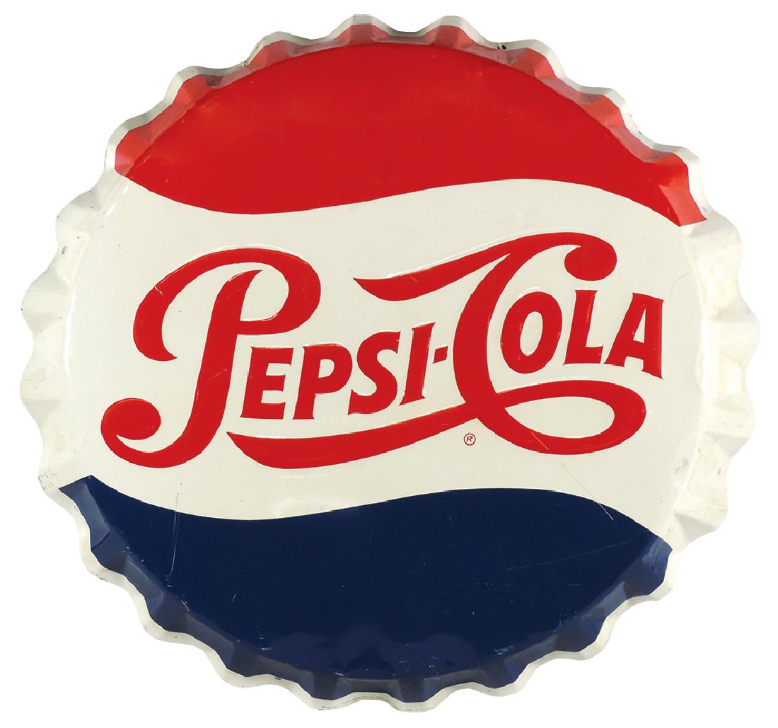 Soda fountain Pepsi-Cola sign, embossed diecut bottle: Soda fountain Pepsi-Cola sign, embossed diecut bottle cap, by Stout Sign Co.-St. Louis, MO, VG+ cond w/a few light scratches, 28"Dia.