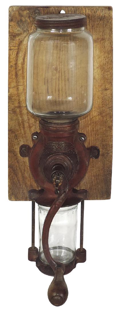 Kitchenware coffee grinder, Rev-O-Noc, painted cast: Kitchenware coffee grinder, Rev-O-Noc, painted cast iron w/glass hopper & catch glass, embossed Rev-O-Noc metal lid, wall-mounted, Exc working cond w/orig paint, 17"L.