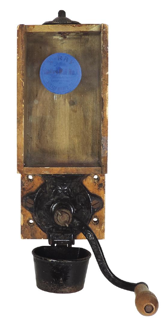 Kitchenware coffee grinder, X-Ray Coffee Mill No. 1,: Kitchenware coffee grinder, X-Ray Coffee Mill No. 1, mfgd by Arcade Mfg Co., wall-mounted, wood & cast iron w/glass window & orig cast iron catch cup, VG/Exc cond w/orig surface, 14.5"L.