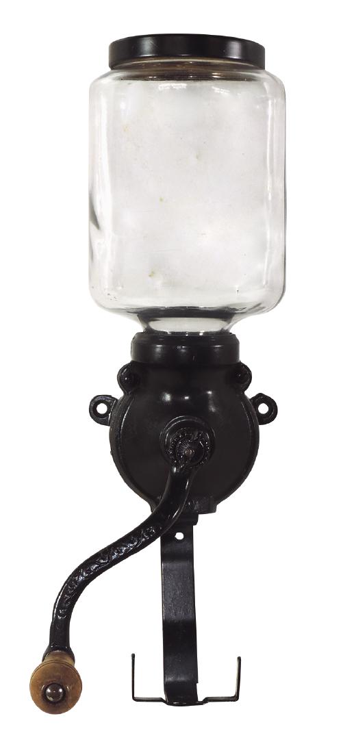 Kitchenware coffee grinder, Arcade #25, wall-mounted: Kitchenware coffee grinder, Arcade #25, wall-mounted, painted cast iron w/unmarked hopper & embossed "Elmo" metal lid, no catch glass, o/wise Exc cond, 16"L.