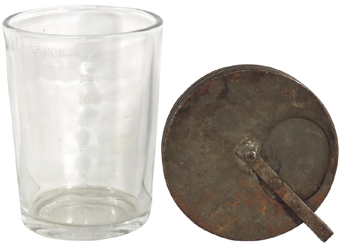 Kitchenware coffee grinder catch glass & lid, embossed: Kitchenware coffee grinder catch glass & lid, embossed Arcade Mfg Co.-Freeport, IL, No. 3, clear glass w/tablespoon measurement on side & Hoosier sugar jar lid, both Exc cond, 3.75"H & 3"Dia.