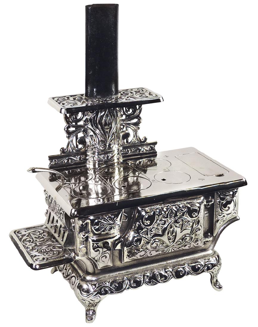 Child's stove, "Ideal No.3", mfgd by Ideal Toy: Child's stove, "Ideal No.3", mfgd by Ideal Toy Company-Detroit, MI, nickel-plated cast iron, c.1890's, Exc restored cond, 13"H x 14"W.