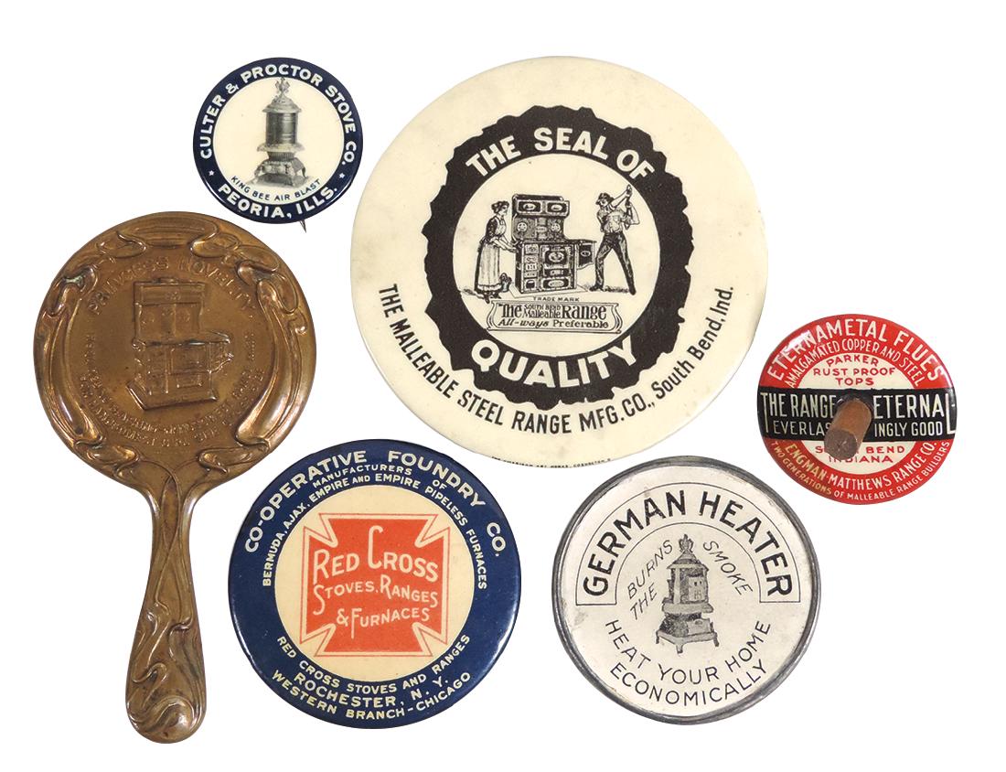 Stove advertising smalls (6), 4 pocket mirrors;: Stove advertising smalls (6), 4 pocket mirrors; Princess Novelty, German Heater, Red Cross Stoves & Ranges & The Malleable Steel Range Co, adv spinner from The Range Eternal & Culter & Proctor Stove C