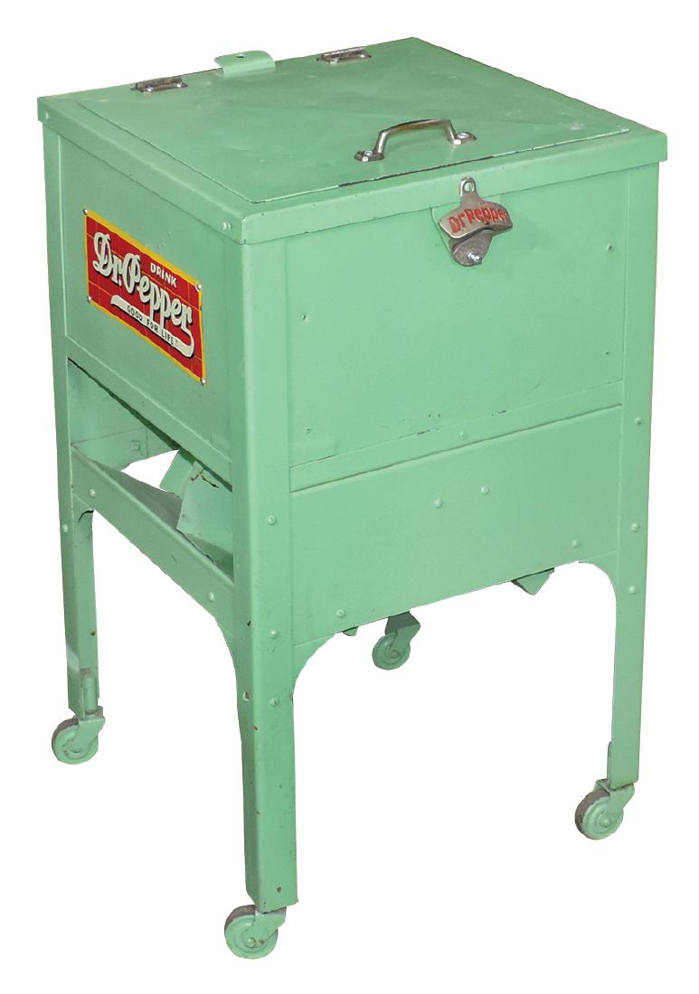 Soda fountain cooler, Dr. Pepper, mint green painted: Soda fountain cooler, Dr. Pepper, mint green painted metal cooler on wheels, embossed metal signs on 3 sides & Dr. Pepper opener on front, VG cond, 30"H x 17.5"Sq.
