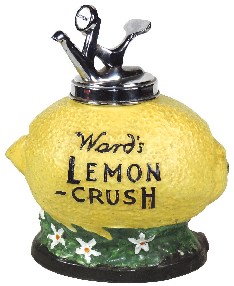 Soda fountain syrup dispenser, Ward's Lemon-Crush,: Soda fountain syrup dispenser, Ward's Lemon-Crush, figural painted ceramic, 1920's w/1950's plunger-style pump, dispenser in VG+ cond w/some roughness on upper flange hidden under pump, 13"H.