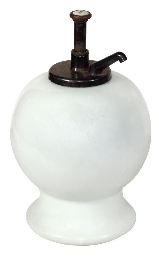 Soda fountain syrup dispenser, round milk glass blank: Soda fountain syrup dispenser, round milk glass blank dispenser, early pump w/"Lemon" plunger button, small area of roughness on top of collar hidden under pump, o/wise Exc cond, 14.5"H x 9"Dia.