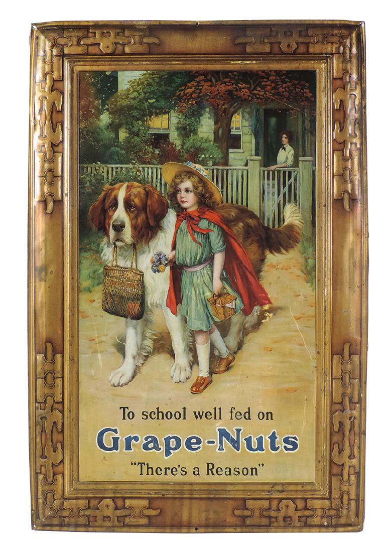 Country store advertising sign, Grape-Nuts, pretty girl: Country store advertising sign, Grape-Nuts, pretty girl w/St. Bernard, self-framed litho on tin, strong color, light o/all scratching, Good+ to VG cond, 30.5"H x 20.5"W.
