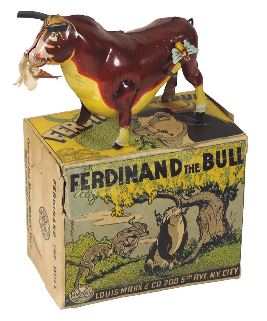 Toy Ferdinand The Bull, mfgd by Louis Marx & Co, litho: Toy Ferdinand The Bull, mfgd by Louis Marx & Co, litho on tin windup, c.1938, replaced horns, o/wise Exc working cond & Good cond box, 4"H x 6.5"L.