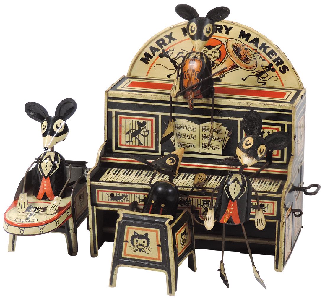 Toy Marx Merry Makers "Mouse Band", litho on tin: Toy Marx Merry Makers "Mouse Band", litho on tin wind-up, Rare w/marquee on piano, c.1931, minor paint loss on piano, VG working cond, 8"H x 9.5"W.