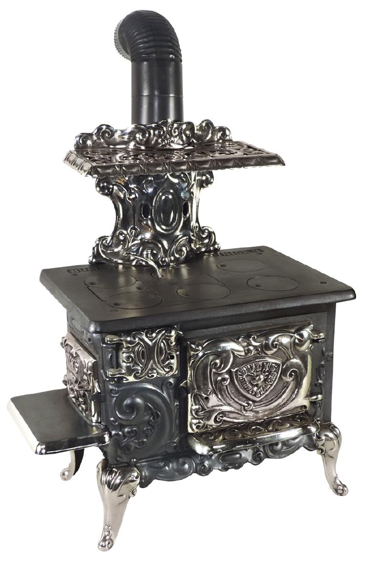 Salesman sample or child's stove, "Buck's Junior 3",: Salesman sample or child's stove, "Buck's Junior 3", cast iron & nickel-plated 6-burner w/side hearth shelf, Exc cond, 22"H x 18"W excluding stove pipe.