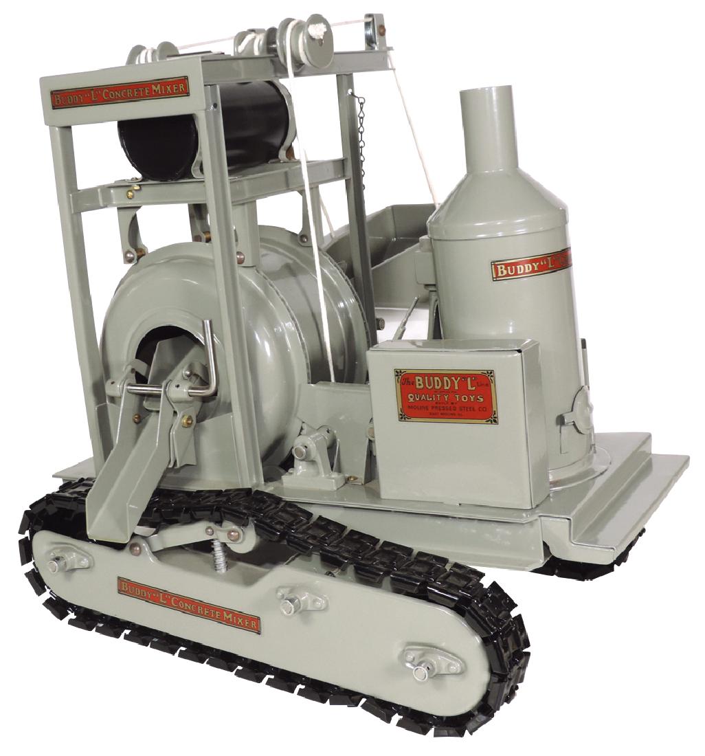 Toy Buddy "L" Concrete Mixer on treads, Model 280-A,: Toy Buddy "L" Concrete Mixer on treads, Model 280-A, painted pressed steel, Exc+ Restored cond, 16"H x 15.5"L.