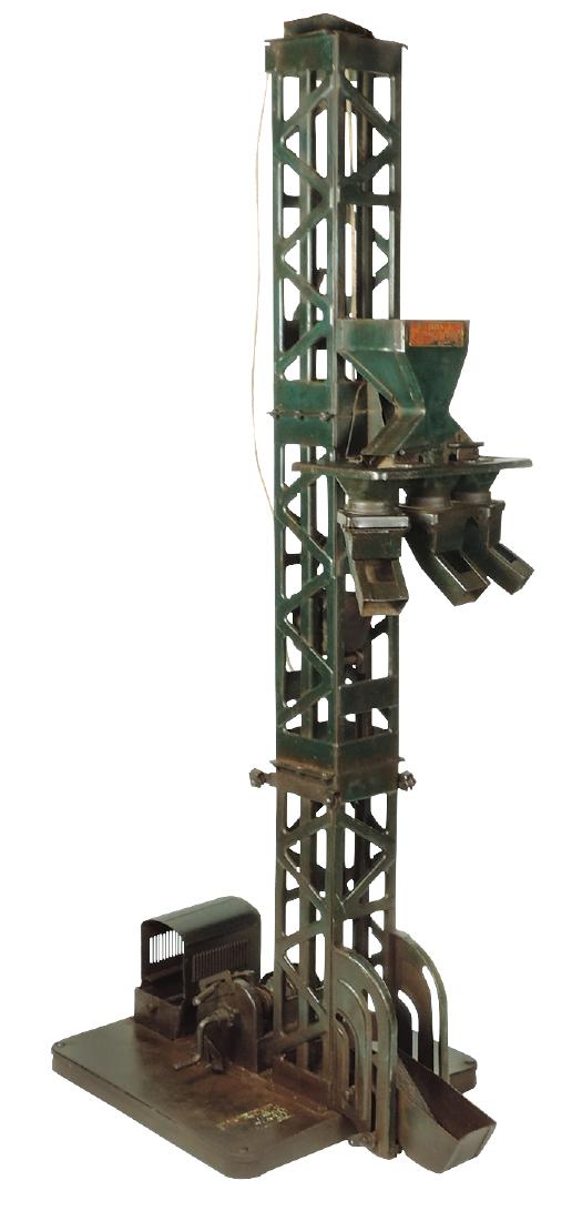 Toy Buddy "L", Hoisting Tower, pressed steel w/orig: Toy Buddy "L", Hoisting Tower, pressed steel w/orig green paint, telescoping adjustable delivery chutes, c.1928-31, worn decals & missing cord on pulley, o/wise VG cond, 29"H x 12"Sq at base.