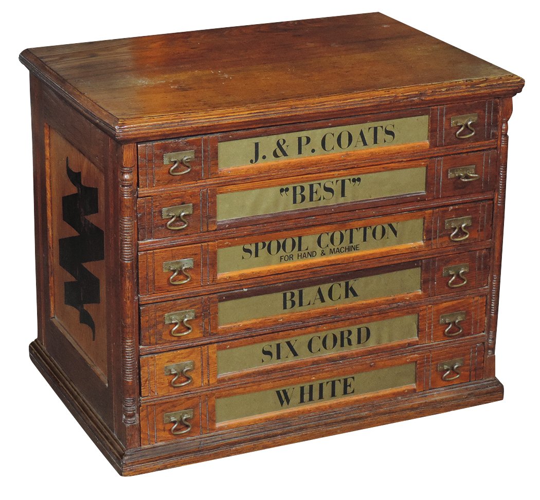 Country store spool cabinet, J. & P. Coats, oak or ash: Country store spool cabinet, J. & P. Coats, oak or ash 6-drwr w/orig decals on all sides, orig brass pulls, VG+ cond w/an older surface, 20"H x 24.5"W x 17.5"D.