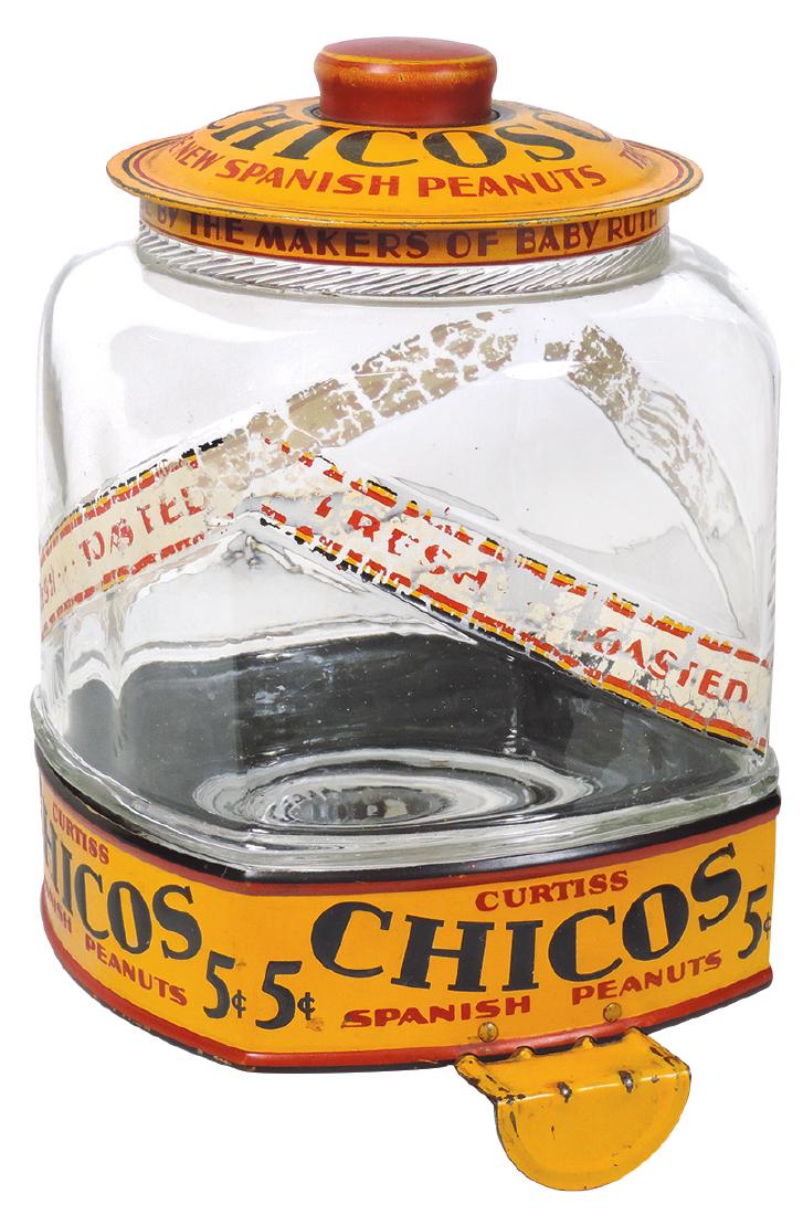Country store peanut jar, Curtiss Chicos Spanish: Country store peanut jar, Curtiss Chicos Spanish Peanuts 5 Cents, embossed glass jar w/litho on tin lid & base, VG o/all cond w/some loss on orig decals, 11"H x 8"Sq.
