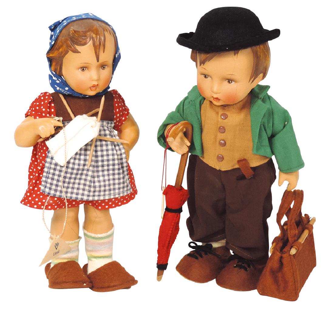 Dolls (2), Hummel Boy & Girl, Liesl & Wander Bub, made: Dolls (2), Hummel Boy & Girl, Liesl & Wander Bub, made in Germany by Goebel, molded & painted rubber, open mouth w/teeth, fully jointed, complete w/tags in orig box, c.1950's, some hairline cracks in 