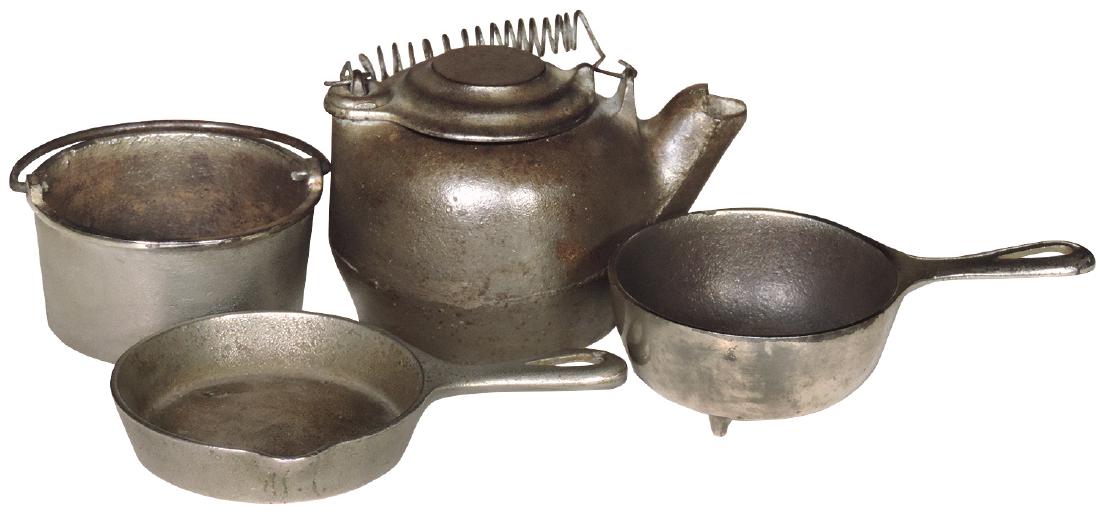Children's cast iron cookware (4), all Kenton brand,: Children's cast iron cookware (4), all Kenton brand, frying pan, tea kettle, kettle w/handle & footed sauce pan, all Exc cond, up to 5.5"H.