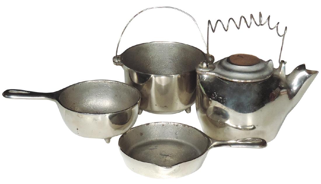 Children's cast iron plated cookware (4), all marked: Children's cast iron plated cookware (4), all marked Kenton Brand, tea kettle, skillet, footed sauce pan & footed kettle, Exc cond, up to 6"H.e w/