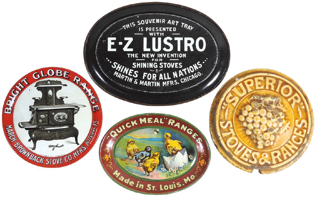Stove advertising tip trays (3) & stoneware medallion,: Stove advertising tip trays (3) & stoneware medallion, Quick Meal Ranges-St. Louis, MO, Bright Globe Range from March-Brownback Stove Co.-Pottstown, PA, E-Z Lustro from Martin & Martin Mfrs.-Chicago &
