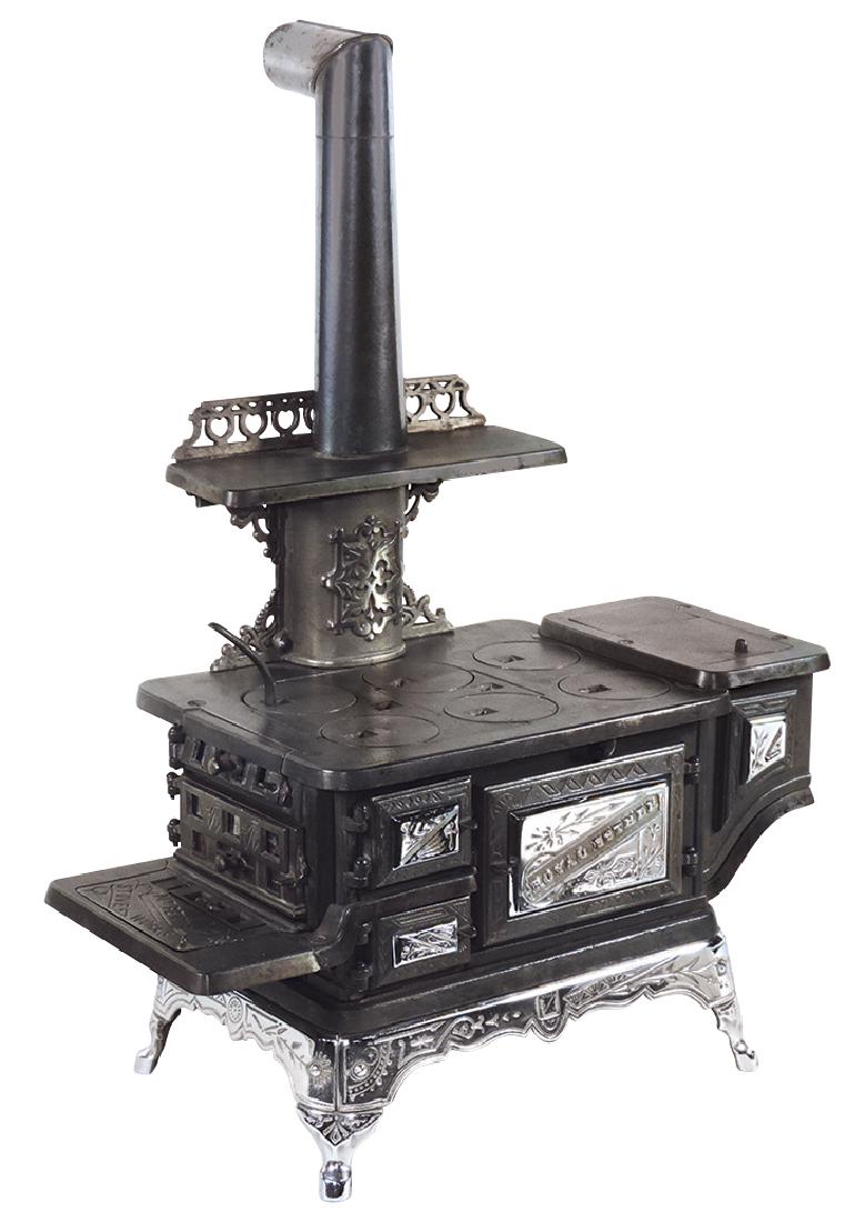 Salesman sample or child's stove, "Royal Esther", by: Salesman sample or child's stove, "Royal Esther", by Mt. Penn Stove Works-Reading, PA, 6-burner black cast iron w/nickel-plated doors & base, elaborate chimney cover w/embossed design & cutwork bracke