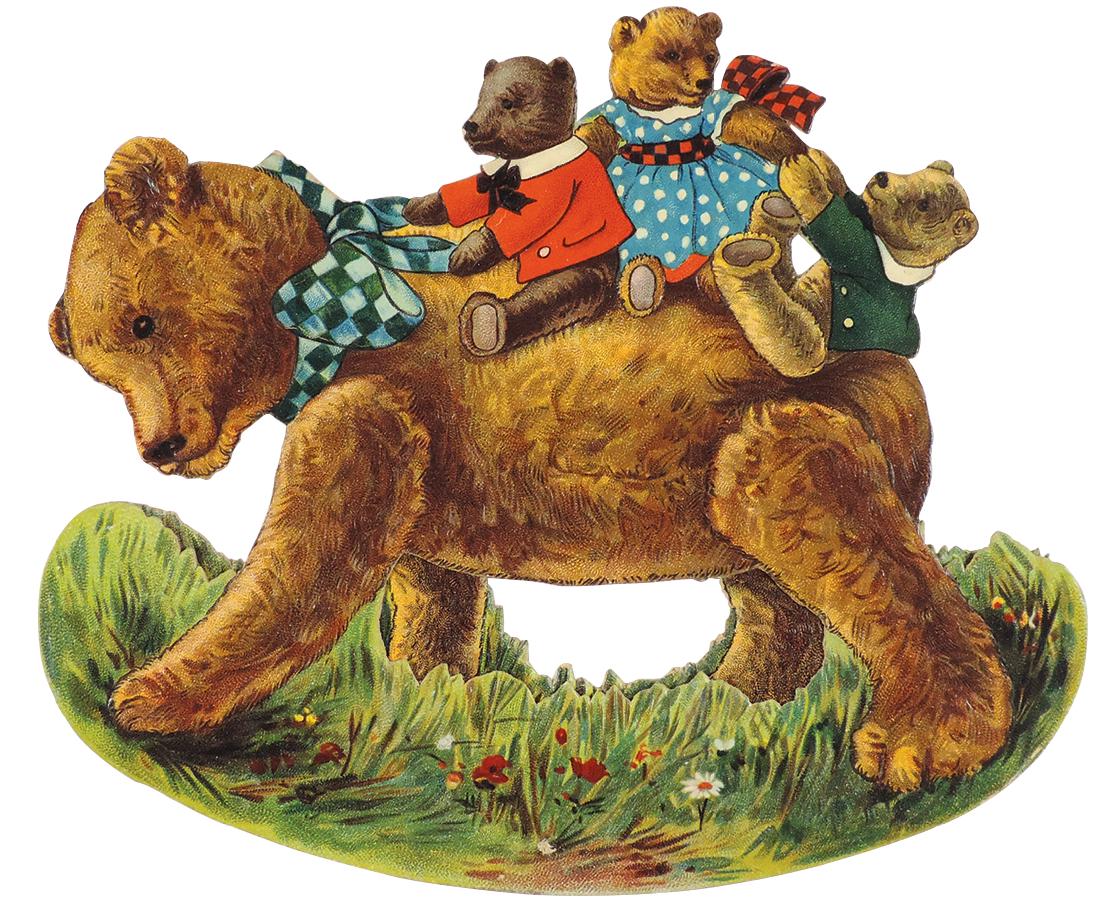 Raphael Tuck rocker "Off to the Party", Mrs. Bear w/her: Raphael Tuck rocker "Off to the Party", Mrs. Bear w/her 3 bear darlings on back, extremely colorful embossed diecut cdbd w/poem by Norman Gale on back, c.1890-1910, Exc like-new cond, 7.25"H x 8.50"W.