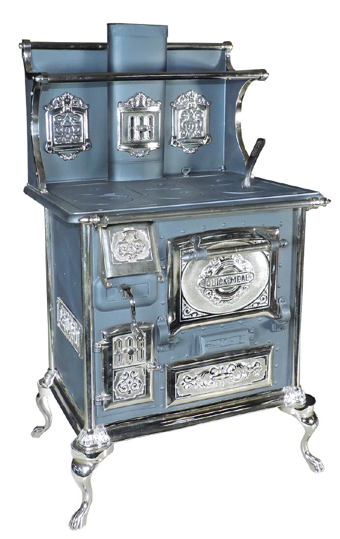 Salesman sample or child's stove, "Quick Meal No.: Salesman sample or child's stove, "Quick Meal No. 407-16", nickel-plated cast iron & steel 6-burner, steel back w/nickel edging on brackets & shelf, oven door embossed "Quick Meal", wide drying bar on