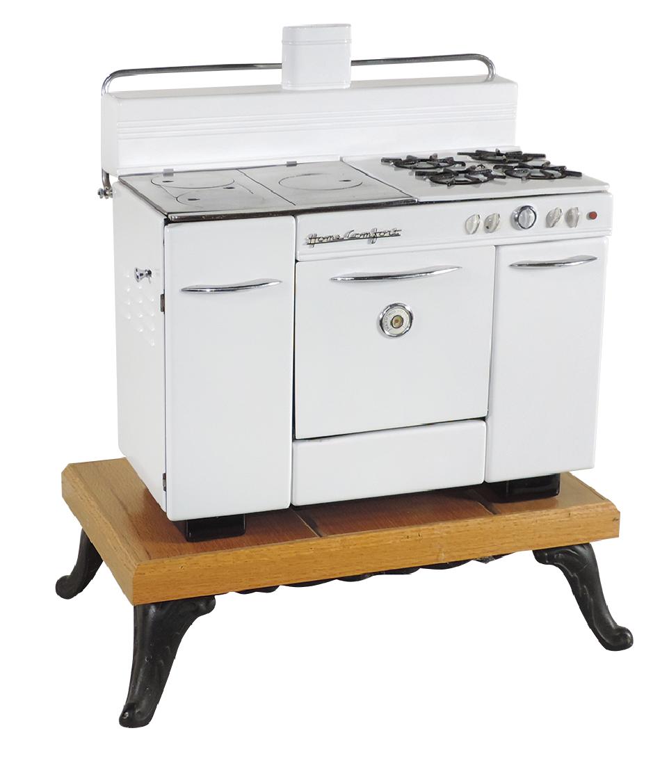 Salesman sample or child's stove, "Home Comfort", mfgd: Salesman sample or child's stove, "Home Comfort", mfgd by Wrought Iron Range Co.-St. Louis, MO, combination wood fired & gas stove, white enamel exterior, Exc orig cond, comes w/stand, 15"H x 14"W.