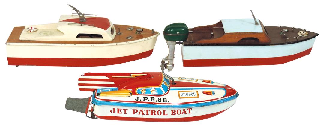 Toy boats (3), "Jet Patrol Boat J.P.B.88., by Usagiya: Toy boats (3), "Jet Patrol Boat J.P.B.88., by Usagiya of Japan, tin windup, c.1950's, minor paint loss, o/wise Exc working cond, 10.5"L, Fleet Line "Holiday" battery-operated speed boat, painted wood,