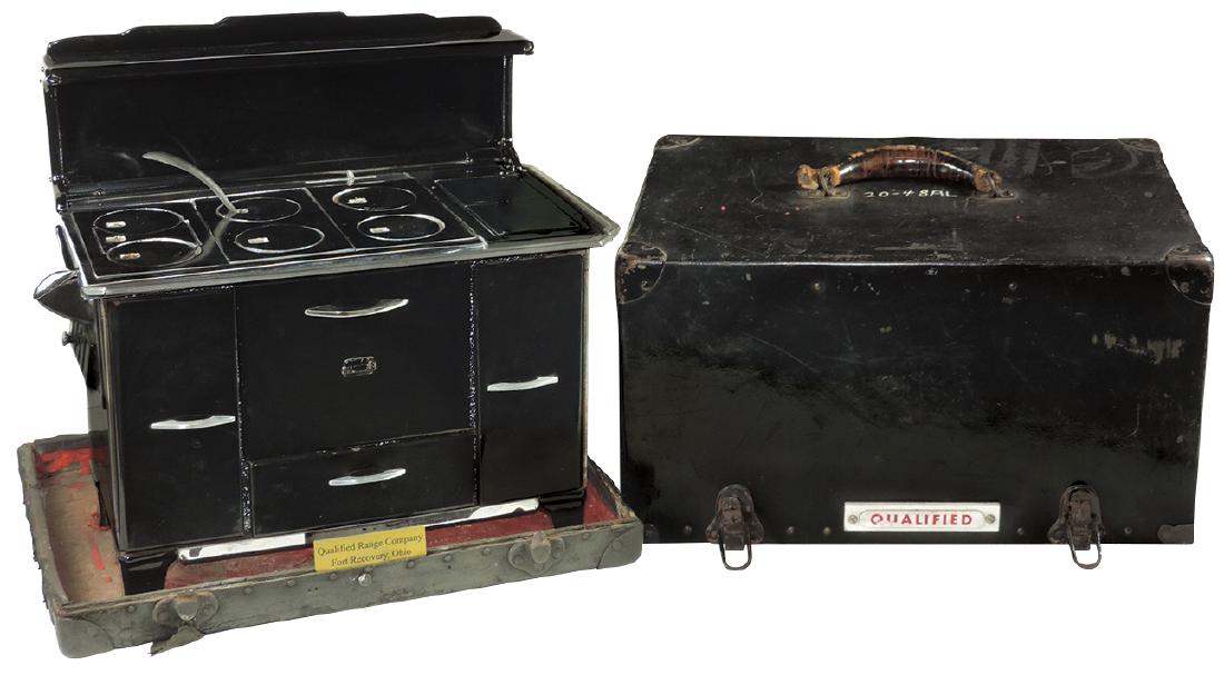 Salesman sample stove, "Qualified Range", mfgd by: Salesman sample stove, "Qualified Range", mfgd by Qualified Range Co.-Fort Recovery, Ohio, Union Made, all orig, complete w/carrying case, c.1930, a Very Rare salesman sample stove in Exc cond, case s