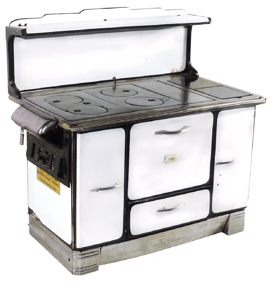 Salesman sample stove, "Qualified Range", mfgd by: Salesman sample stove, "Qualified Range", mfgd by Qualified Range Co.-Fort Recovery, Ohio, 4-burner black & white porcelain, Union Made, all orig, c.1930, a Very Rare Salesman sample stove in VG+ cond