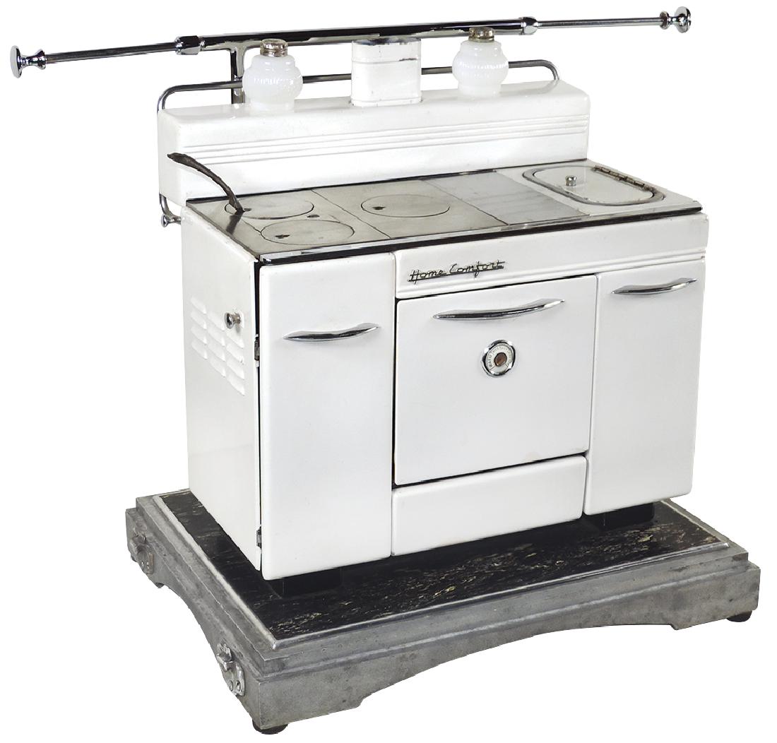 Salesman sample stove, "Home Comfort", mfgd by The: Salesman sample stove, "Home Comfort", mfgd by The Wrought Iron Range Co.-St. Louis, wood-burning metal stove w/white porcelain enamel finish, chrome finish stove top w/3 burners, enamel-finished rese