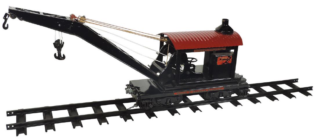 Toy Buddy "L" Outdoor Railroad Locomotive Wrecking Cran: Toy Buddy "L" Outdoor Railroad Locomotive Wrecking Crane, heavy pressed steel, I-beam outriggers for extra stability, worn decal on side & some black touch-up paint, o/wise VG+ cond, 35"L w/boom exten