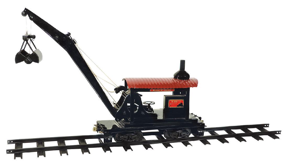 Toy Buddy "L" Outdoor Railroad Locomotive Dredge, mfgd: Toy Buddy "L" Outdoor Railroad Locomotive Dredge, heavy pressed steel, outriggers for balance & stability, Exc cond, missing platform decal, 34"L w/boom extended, comes w/section of 48" painted steel 