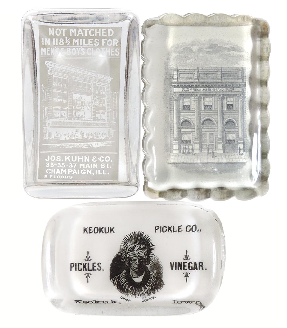 Advertising paperweights (3), The German American: Advertising paperweights (3), The German American Bank-Minneapolis, MN, beautiful beveled sides, Exc cond, Jos. Kuhn & Co.-Champaign, Ill., appears to have internal bruise on bottom, no external damag