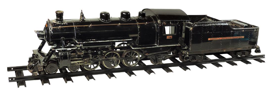 Toy Buddy "L" Outdoor Railroad Locomotive 963 & Tender: Toy Buddy "L" Outdoor Railroad Locomotive 963 & Tender (2), painted pressed steel, some paint & decal wear, o/wise VG cond, loco 25" & tender 18"L, comes w/section of 48" painted steel track.