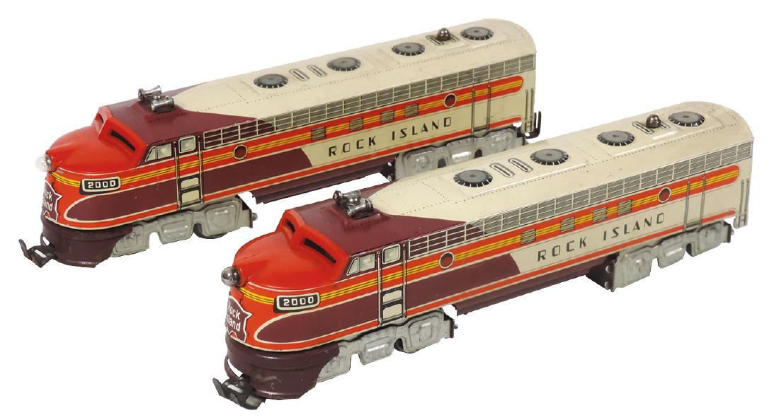 Toy train engines (2), Unique Art Mfg Co., Rock Island: Toy train engines (2), Unique Art Mfg Co., Rock Island 2000, colorful litho on metal, both in VG+ cond, 14"L.
