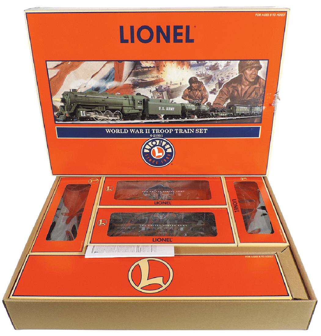 Toy train set, Lionel World War II Troop Train Set No.: Toy train set, Lionel World War II Troop Train Set No. 6-21951, includes all new 4-6-4 diecast steam locomotive, tender, single-domed tank car, flat car, 2 jeeps & 2 Baby Madison passenger cars, NOS i