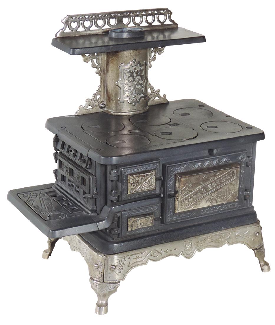 Salesman sample or child's stove, "Royal Esther", mfgd: Salesman sample or child's stove, "Royal Esther", mfgd by Mt. Penn Stove Works-Reading, PA, cast iron 6-burner w/nickel-plated doors & base, elaborate chimney cover w/embossed design & cutwork bracket